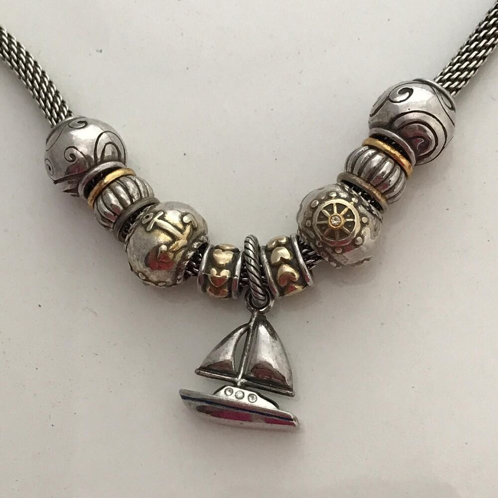 Brighton Sailboat Necklace - Nautical Charms- Silver and Gold Tone Beads Charms